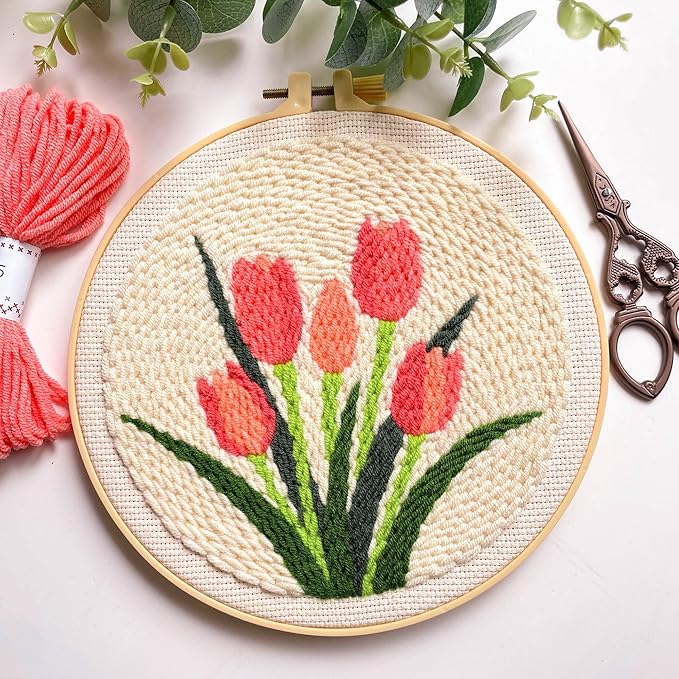 Myfelicity Punch Needle kit,Tulip Embroidery Kit - Punch Needle DIY Craft Set with Vintage Tulip Design, Perfect for Handmade Decor & Floral Stitching Projects