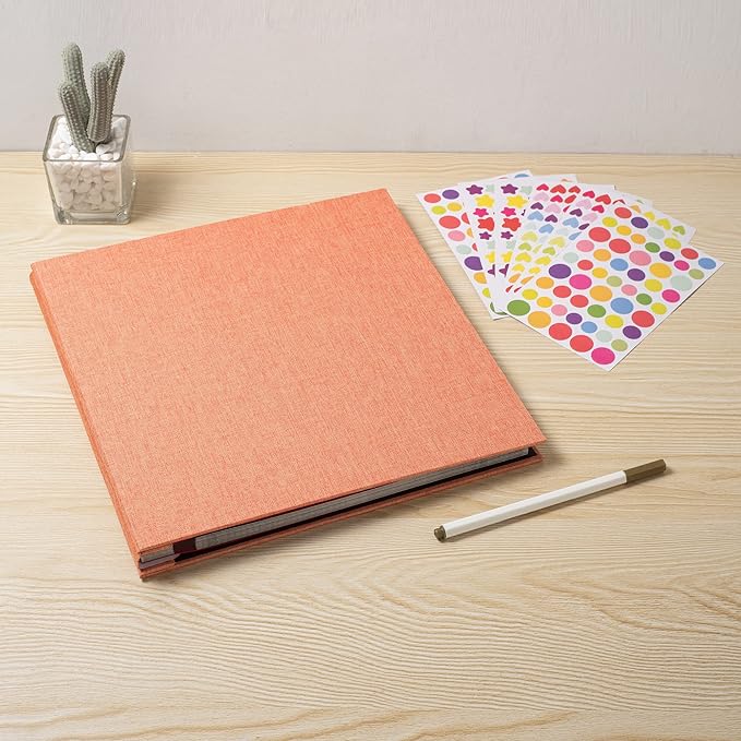 Large Photo Album Self Adhesive for 4x6 8x10 Magnetic Scrapbook Album DIY 60 Black Sticky Pages Linen Cover Photo Album(Orange)