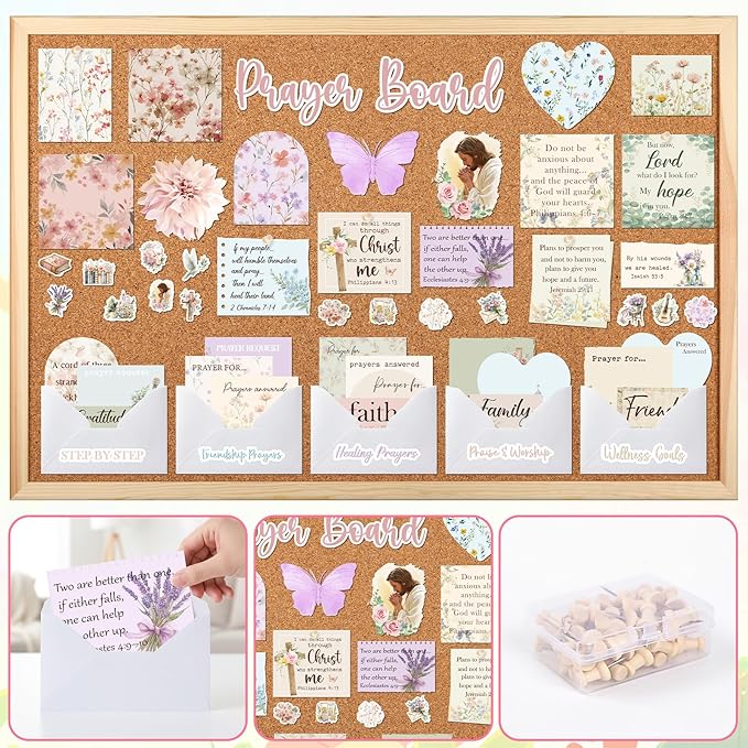 Prayer Board Stickers Supplies - 162 Pcs Prayer Board Kit with Pins Envelope Bible Verse Quotes Cards, Flower Motivational Scrapbook Stickers, Bible Study Supplies for Women (Not Cork Board)
