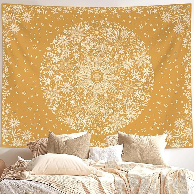 neasow bohemian tapestry wall hanging, orange floral tapestry with dotted daisy medallion print bedroom boho hippie home decor, 50x60 inches
