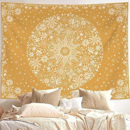 neasow bohemian tapestry wall hanging, orange floral tapestry with dotted daisy medallion print bedroom boho hippie home decor, 50x60 inches