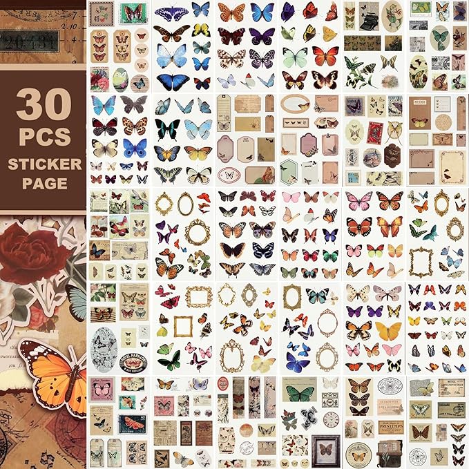 Vintage Scrapbook Stickers - 300 Butterfly Pre-Cut for Journaling, 20 Scrapbook Paper Washi for Scrapbooking and Journaling