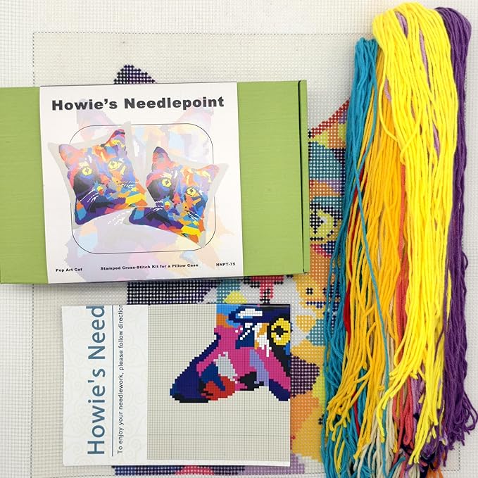 Howie's Needlepoint Needlepoint Kits for Adults Beginners, Furbish Cat Needlepoint Pillow Front Kit with Stamped Pattern on Canvas, Yarn, 2 Needles and Instruction, 16 x 16inch(Pop Art Cat)