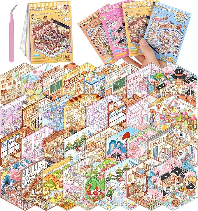 32 Sets Pocket DIY 3D Sticker Scene for Kids, Fun DIY Sticker Scene Make Your Own Mini House Cute Cartoon Animal Scene Stickers Adult Sticker Art Relief Stress Pass The Time Holiday Christmas Fun