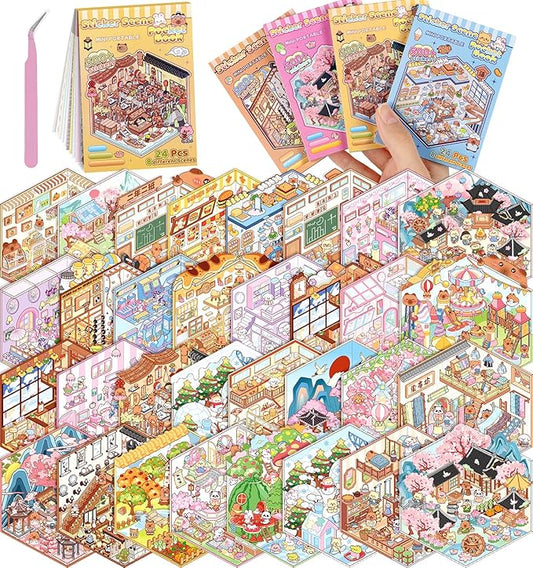 32 Sets Pocket DIY 3D Sticker Scene for Kids, Fun DIY Sticker Scene Make Your Own Mini House Cute Cartoon Animal Scene Stickers Adult Sticker Art Relief Stress Pass The Time Holiday Christmas Fun
