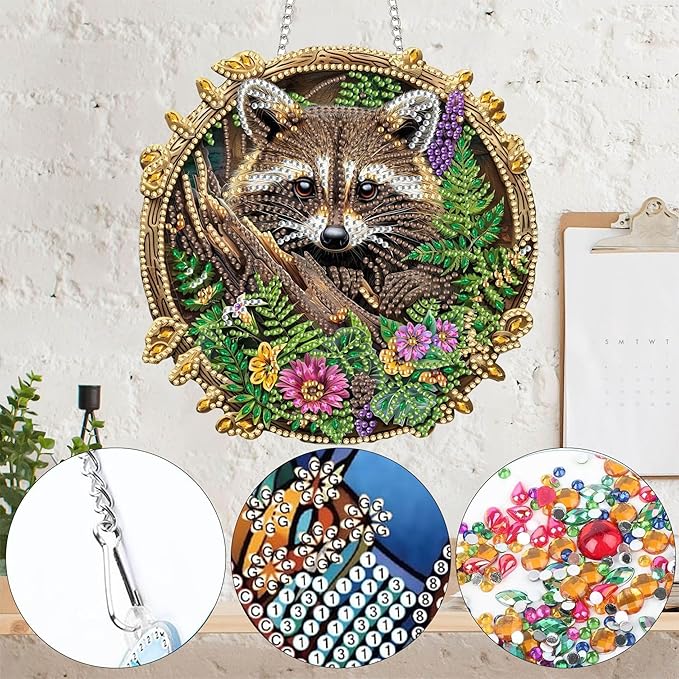 Yomiie Raccoon Sun Catcher Window Hanging - DIY Double Sided Animal Diamond Painting Pendant Kit, Acrylic Diamonds Art Ornament for Front Door Sign & Indoor/Outdoor Garden Decor(8x8 inch)