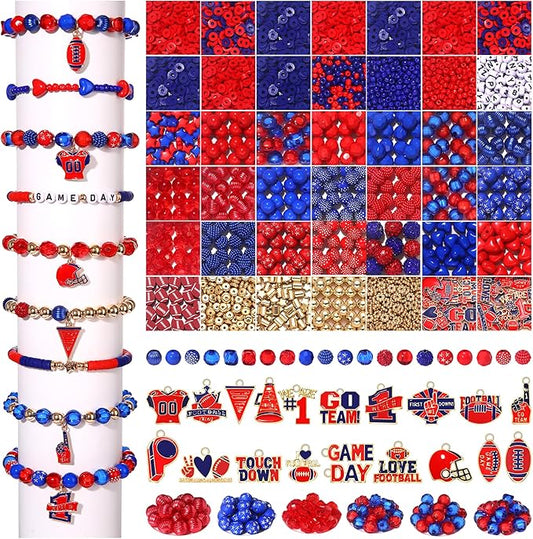 3000PCS+ Game Day Beads for Bracelets Making Red Black Clay Heishi Beads Pearl Acrylic Letter Bead Enamel Football Charms for Bracelet Earrings Necklace Making DIY Game Day Accessories (Red Blue)