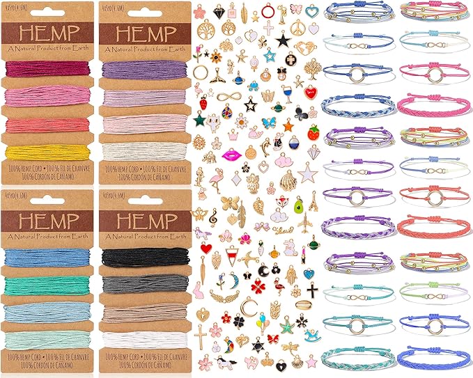Quelay Hemp Cords Jewelry DIY Making Kits, 16 Pcs 84 Yards Flax String Cord Natural Twine Rope and Various Styles Bracelet Charms for Friendship Bracelet Necklace Keychain Gift Craft Making (Colorful)