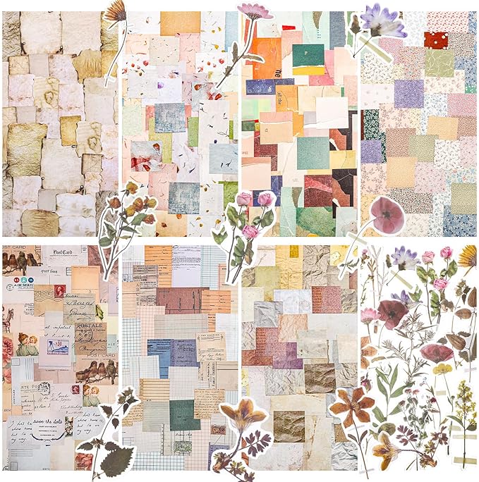 Prudiut 445 Pcs Vintage Scrapbook Paper, Journaling Supplies Kit, Delicate Decorative Paper with Floral Stickers & Multi-Size Scrapbook Paper for Junk Journal, DIY Collage Art, Vintage Crafts