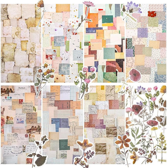 Prudiut 445 Pcs Vintage Scrapbook Paper, Journaling Supplies Kit, Delicate Decorative Paper with Floral Stickers & Multi-Size Scrapbook Paper for Junk Journal, DIY Collage Art, Vintage Crafts