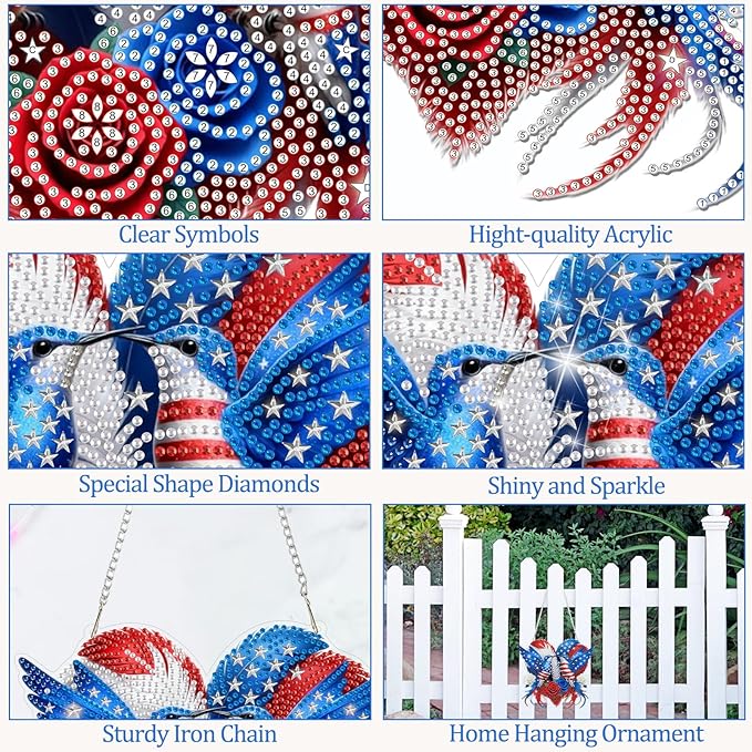 CEOVR 4th of July Hanging Diamond Art for Adults, Independence Day Hummingbird Diamond Painting Pendant DIY Gem Art Wall Hanging Ornament, Acrylic Home Garden Decor with Chain, Box Kit 7.77×7.26inch