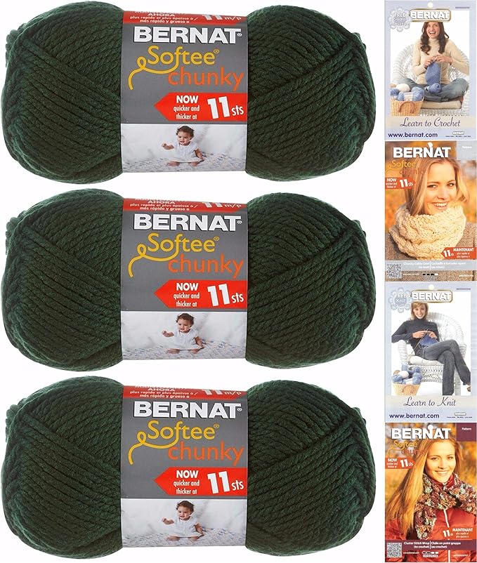 Bernat Softee Chunky Yarn Bundle Super Bulky #6, 3 Skeins Dark Green 28237