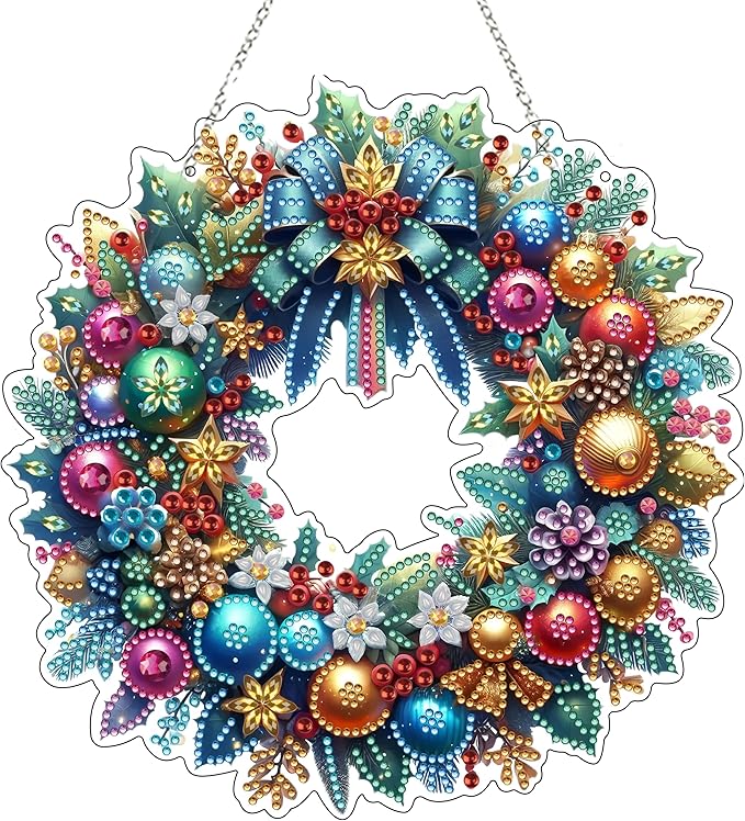 JJFox Diamond Art Hanging Kit for Adult,Special Shaped Rhinestone,Double Sided 5D DIY Acrylic Diamond Art Painting Window Pendants Home Garden Wall Hanging Kits Hanging Ornament (Christmas Wreath)