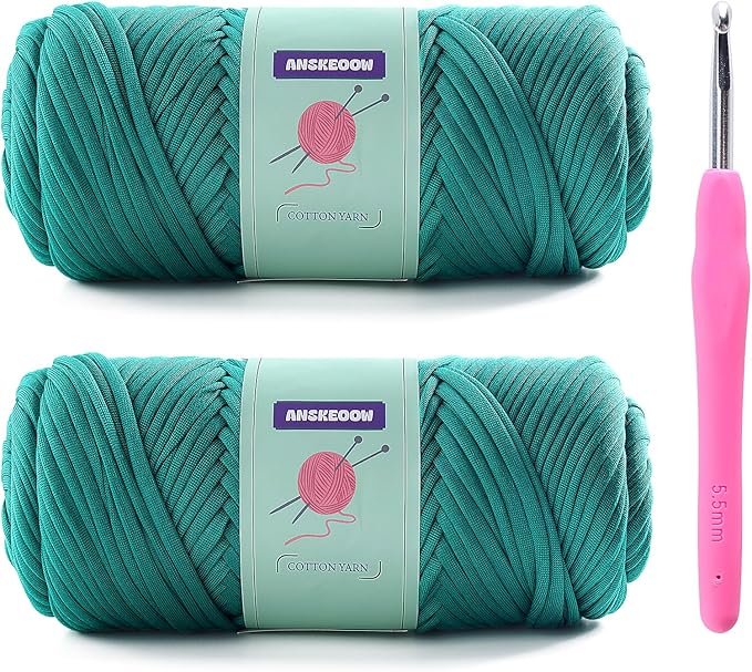 Trapillo Soft T-Shirt Yarn for Crochet - 2 Skeins, 7oz Each, 65yds (Pore Green) with 1 Crochet Hook
