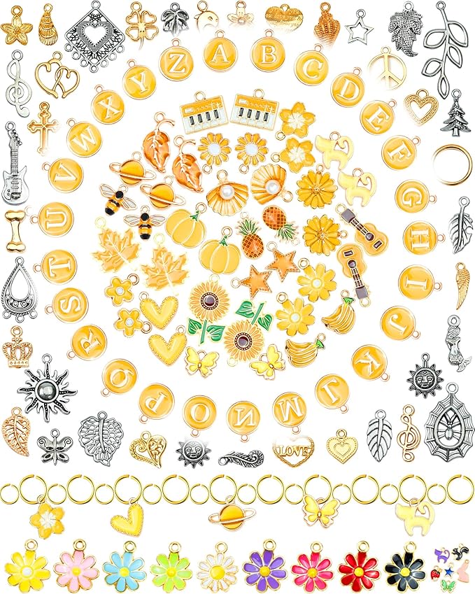 FIVEIZERO 216PCS Bracelet Charms for Jewelry Making – Assorted Gold & Silver Metal Enamel Pendants with Jump Rings for Necklaces, Earrings, & DIY Jewelry Crafts(Yellow)