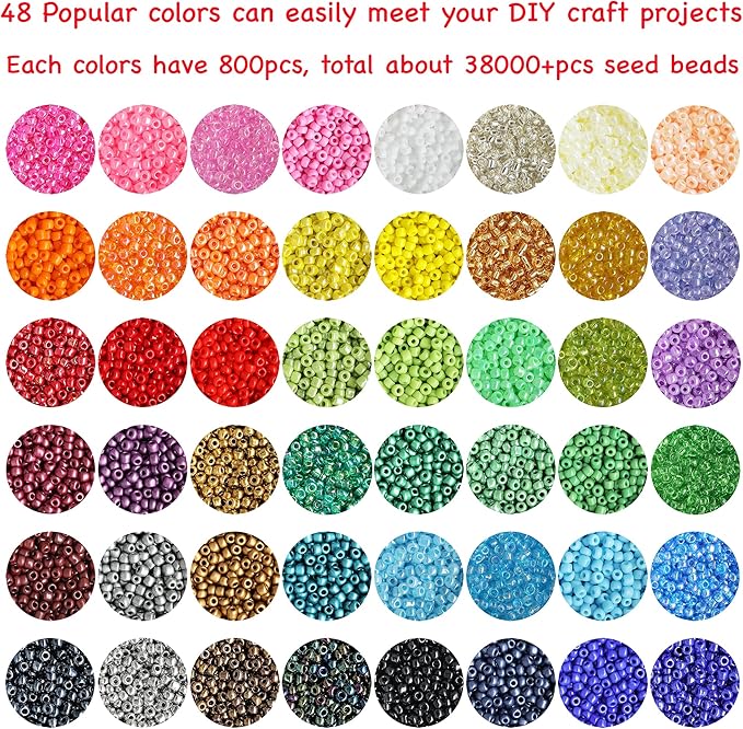 Bala&Fillic Size 2mm Seed Beads 48 Colors About 38000 pcs in Storage Box, 12/0 Glass Seed Beads for Making Bracelets Earrings Necklaces Jewelry