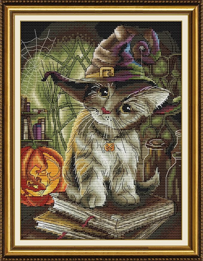 Funcrostitch Counted Cross Stitch Kits for Beginners,14ct Unprinted Pattern Embroidery Kit Dmc Cotton Threads Needleworks for Adults-Cat Magician 9.8"×12.6"