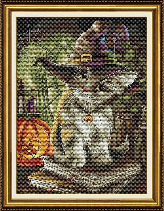 Funcrostitch Counted Cross Stitch Kits for Beginners,14ct Unprinted Pattern Embroidery Kit Dmc Cotton Threads Needleworks for Adults-Cat Magician 9.8"×12.6"