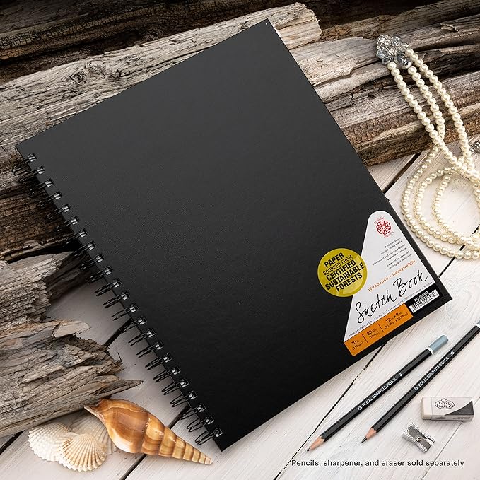 Pentalic - 9"x 12" Double Wirebound Sketchbook, 80 Sheets, Black