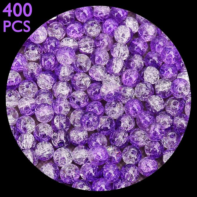 400PCs 4mm Purple Crackle Glass Beads Bulk, Round Smooth Hole Glass Crystal Beads for Jewelry Making, DIY Bracelets, Necklaces, Bag Charms, Keychains and Craft Projects