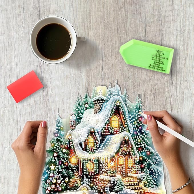 SENQAO Christmas House Diamond Art Hanging Kits for Adults Kids, Christmas Diamond Art Suncatchers, 5D Special Shape Diamond Painting Pendant Window Ornament Gifts for Home Garden Door Wall Decor