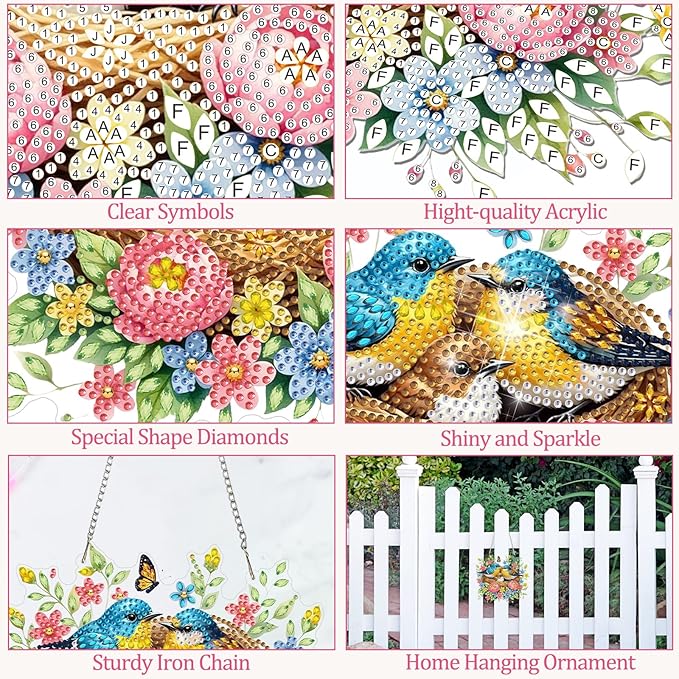 CEOVR Bird Nest Hanging Diamond Art for Adults, Spring Birds Diamond Painting Pendant DIY Gem Art Wall Hanging Ornament, Acrylic Home Garden Decor with Chain, Box Kit 7.87×7.08inch