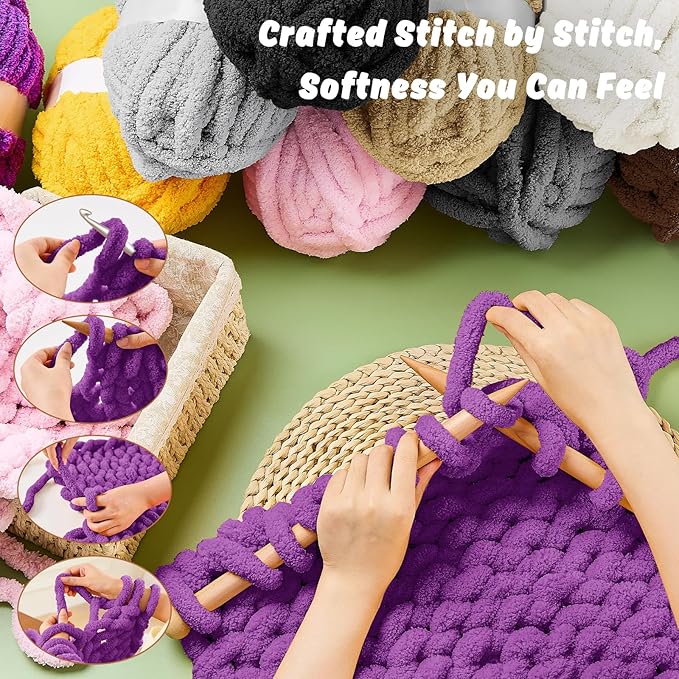 inhand 18 Pack Chunky Chenille Yarn for Crocheting– 30.6 Yards, 7.7oz, Super Bulky, Soft Fluffy Plush Yarn for Hand or Arm Knitting– Ideal for Blankets, Crafts & DIY Projects (Dark Purple)