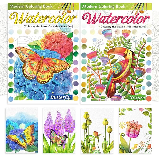 2Pcs Adults Water Coloring Book: 24 Advanced Exquisite Patterns – 100% Cotton 300gsm Paper, A4 Size – for Beginners & Professionals to Enhance & Consolidate Watercolor Techniques (Nature & Butterfly)
