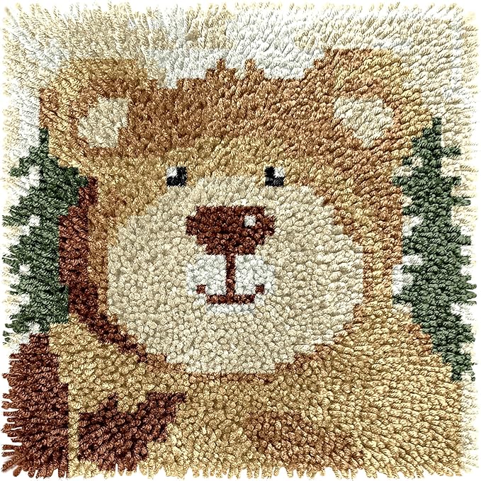 Generic Cartoon Cute Bear Latch Hook Rug Kit for Beginners Easy Little Mat with Printed Canvas DIY Hook Making Crochet Yarn Craft Tapestry for Decoration and Gift 12x12inch, As Main Picture