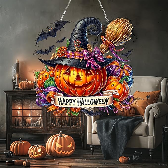 JJFox DIY Acrylic Diamond Art Painting Wreath Kits Special Shaped Rhinestone Diamond Art Window Pendants Home Garden Wall Hanging Kits Hanging Ornament (Happy Halloween)
