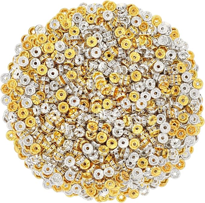 Augshy 700Pcs Rondelle Spacer Beads,8 mm Silver and Gold Rhinestone Spacer Beads for Jewelry Bracelet Making Birthday Party Necklace Friendship Bracelets Hair Beads Crafts