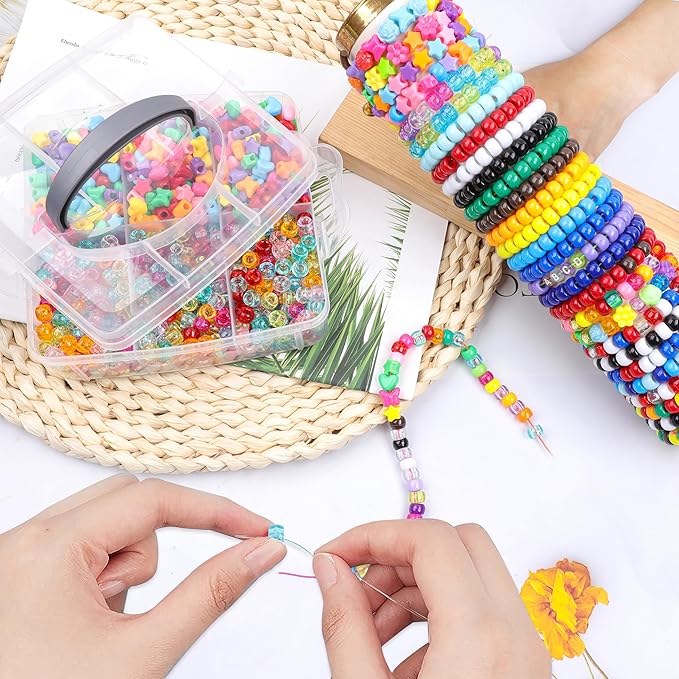 4800 Pcs Pony Beads for Friendship Bracelets 6x9mm 18 Solid 8 Color Shapes 10 Glitter Plastic Beads for Jewelry Making Supplies Necklaces Keychains Hair Braid DIY Craft Accessories