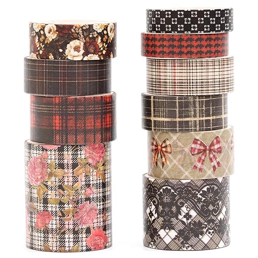10 Rolls Vintage Floral Washi Tape Set Pastel Plaid Arts Adhesive Tapes Soft Colors Decorative Masking Tape Sets for Craft, Kids, Scrapbook, DIY, Gift Wrapping (Rose Plaid)