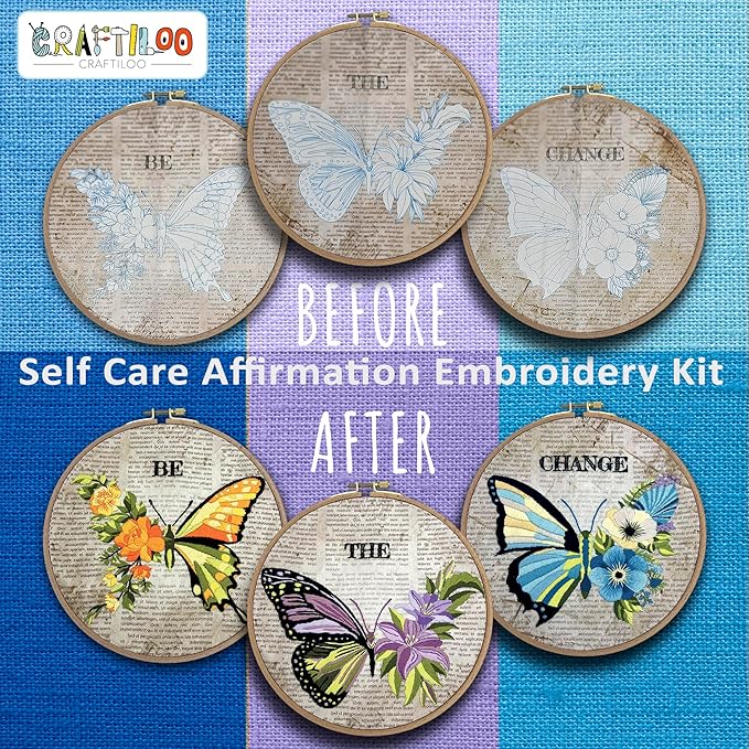 CRAFTILOO Embroidery Kits for Adults Hand Embroidery kit for Beginners with Stamped Embroidery Patterns Starter Embroidery Kit. Needlepoint kit Cross Stitch kit for Teens& Adults Butterflies