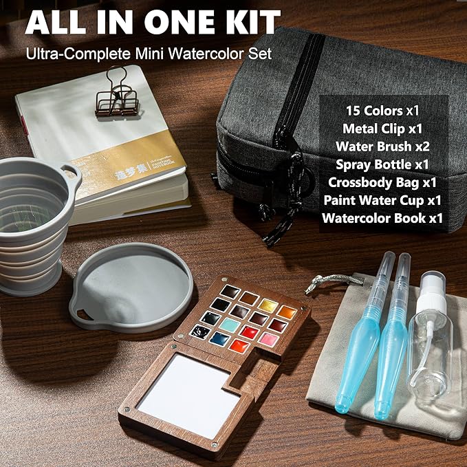 Mini Paint Palette Travel Kit - 15-Colors Pocket Artist Water Color Travel Set with Crossbody Bag, Watercolor Journal, Metal Clip, Paint Water Cup, Water Brush, Wooden Paint Box for Painters Artists