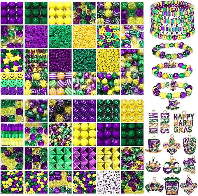 NVENF Mardi Gras Beads & Charms for Jewelry Making, Gold Purple Green Polymer Clay & Acrylic Beads, Letter Spacer Beads for Bracelet & Necklace Making DIY Crafts