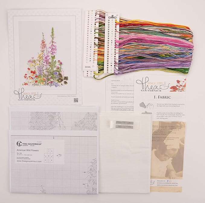 Thea Gouverneur - Counted Cross Stitch Kit - American Wildflowers - Aida - 16 Count - Embroidery Kits for Adults - Crafts - DMC Embroidery Threads and Other Cross Stitch Supplies Included - 554A