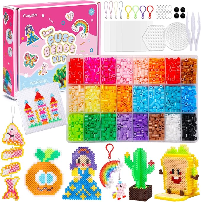 caydo 24 colors fuse beads kit, 5mm ironing beads for kids kit with patterns instruction, 3 pegboards, keychains, accessories & gift box for art and craft project, birthday