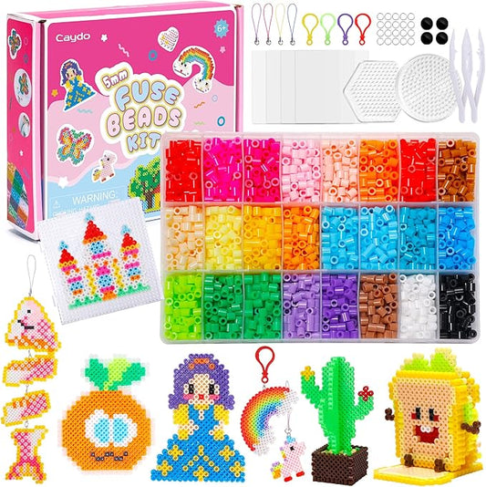 caydo 24 colors fuse beads kit, 5mm ironing beads for kids kit with patterns instruction, 3 pegboards, keychains, accessories & gift box for art and craft project, birthday