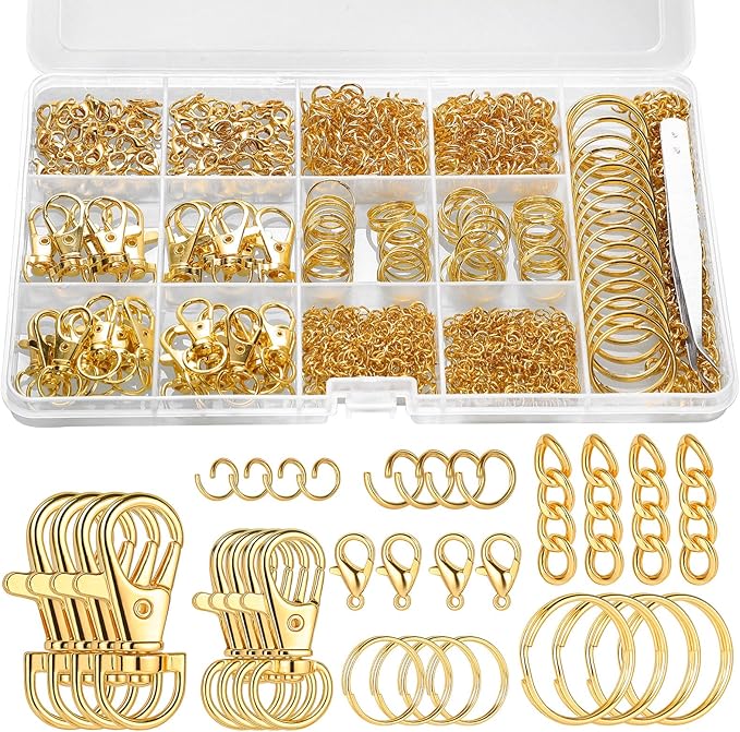 BESARME 1130PCS Keychain Making Kit Jump Rings for Jewelry DIY Key Chain Supplies with Keyrings Bulk, Metal Lobster Claw Clasp, Swivel Snap Hook, Extender Chain for Crafts Accessories（Gold）