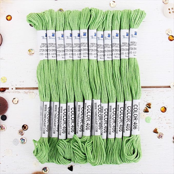 12 Skeins ThreadArt Premium Egyptian Long Fiber Cotton Embroidery Floss | Bright Green | 6 Strand Divisible Thread 8.75yds Each for Hand Embroidery, Friendship Bracelets, Cross Stitch and Crafts
