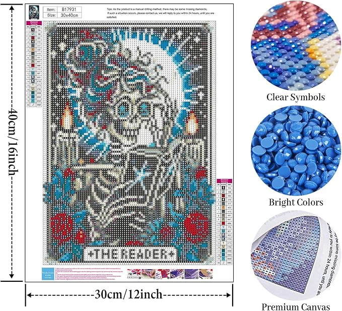 Skull Diamond Art Kits for Adults, Reader Diamond Painting Kit for Adults Beginners, 5D DIY Diamond Painting with Round Gem Art Kits for Home Wall Decor 12x16 Inch