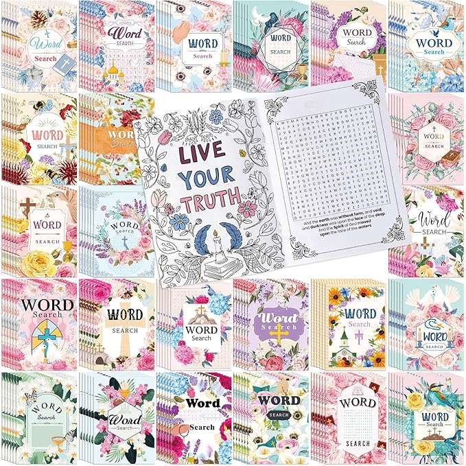 Liliful 144 Pcs Word Search Coloring Book Bulk for Adult Christian Easter Word Search Crafts DIY Drawing Book with Patterns for Party Favors, Goodie Bag Filler and Holiday Gifts
