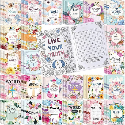 Liliful 144 Pcs Word Search Coloring Book Bulk for Adult Christian Easter Word Search Crafts DIY Drawing Book with Patterns for Party Favors, Goodie Bag Filler and Holiday Gifts