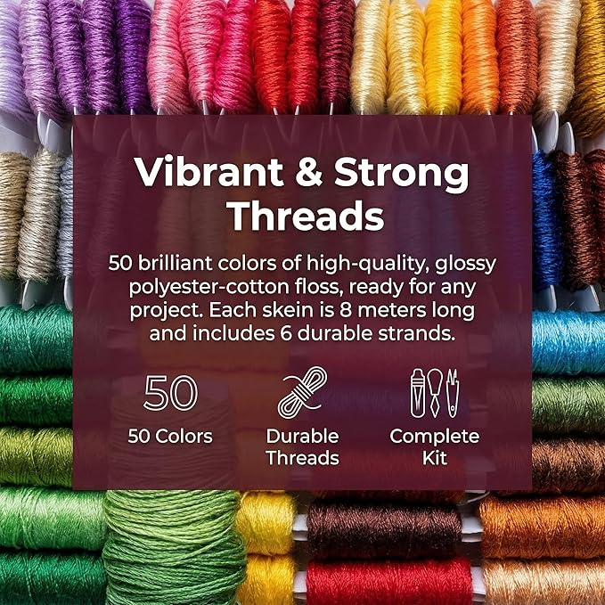 Huacan Embroidery Floss Kit with Storage Box 50 Colors Stitching Threads Sewing Kits 67 Pcs DIY Cross Stitch Accessories Set for Adults Beginner