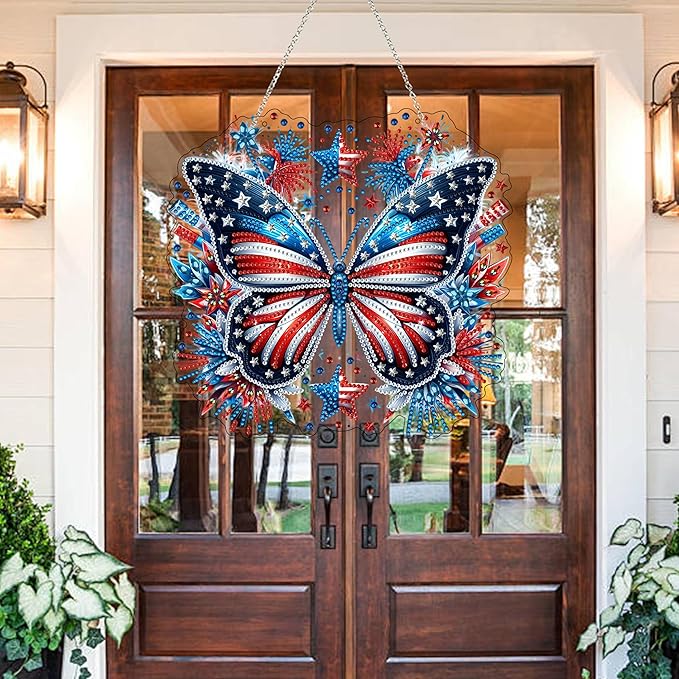 DIY Diamond Art Painting Wreath Kits，Special Shaped Rhinestone Hanging Ornament Diamond Art Window Pendants for Gift Home Garden Wall Hanging Kits,Double Sided (4th of July-Butterfly)