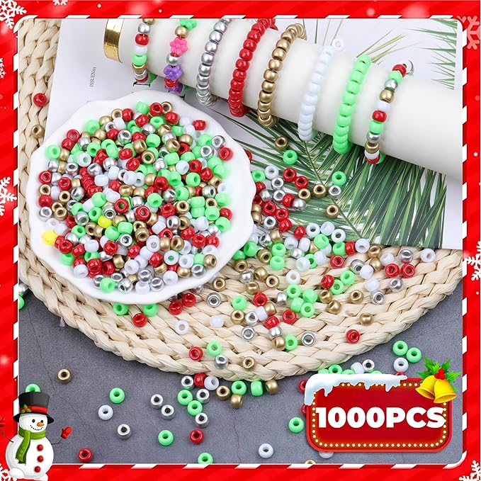 Pony Beads 1000 Pcs Plastic Beads for Bracelet Friendship Bracelets Beads for Hair Braiding 6x9mm Beads for Jewelry Making (Green Red White Glod Silvery)