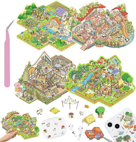 DIY 3D House Stickers, 4 Sets Fun DIY Stickers Scene Make Your Own Mini House Cute Cartoon Animal Scene Stickers for Kids Adult Sticker Art Relief Stress Pass The Time-Large Size
