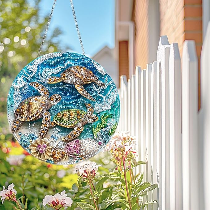 Wergund 5D DIY Sea Turtle Diamond Art Hanging Kits, Hanging Diamond Art Animal, Acrylic Special Shaped Rhinestone, Window Hanging Pendants for Home Wall Garden Front Door Outdoor Decor Gift