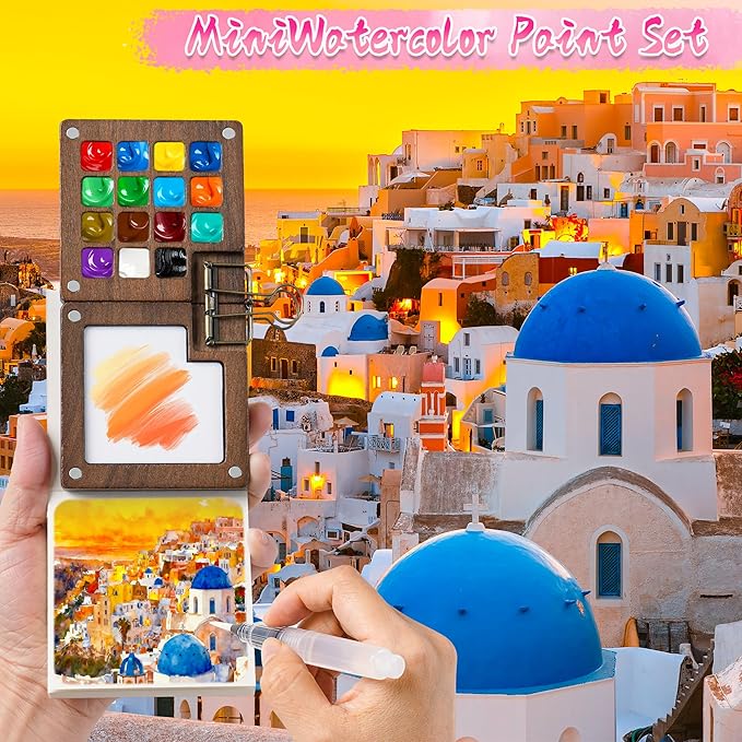 Mini Watercolor Paint Set, 24 Colors Portable Pocket Watercolour Travel Kit with 15 Grid Wood Paint Palette, Sketchbook, Metal Clip, Water Brush for Painters Artists Students